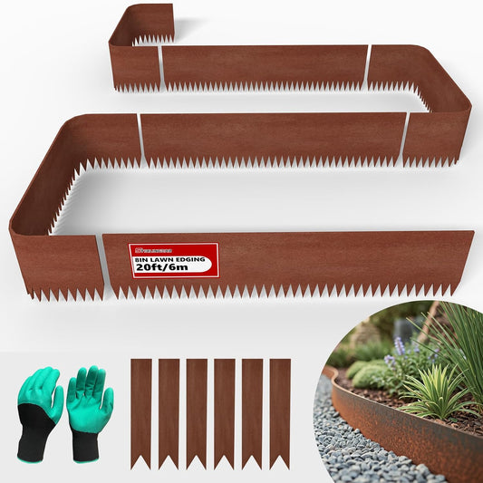20ft. 6-Pack Cor-Ten Steel Landscape Edging - 40" L x 8" H Lawn Edging with 6 Stakes, Hammer-in