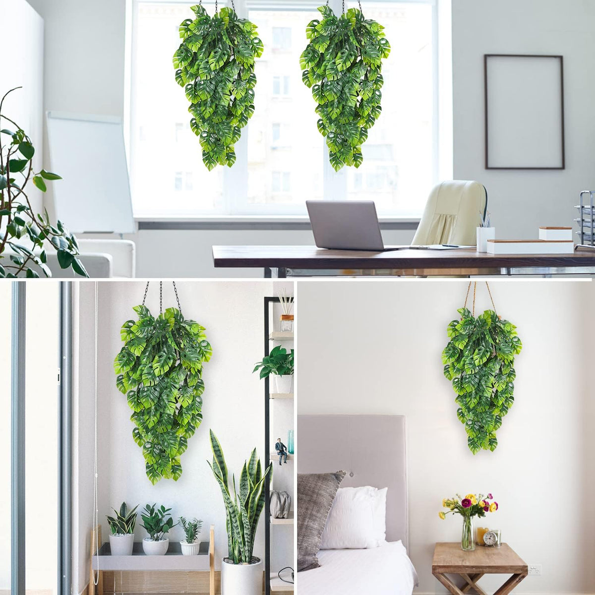 RECUTMS Artificial Hanging Plants 2 Pack, Fake Monstera Leaves Ivy Vine Faux Greenery UV Resistant
