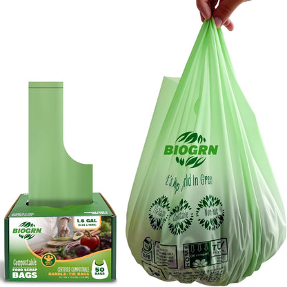 Compostable Trash Bags 1.2-1.6 Gallon Handle Tie 50 Count 0.6 Mil 6.06 Liter Small Compost Bags for