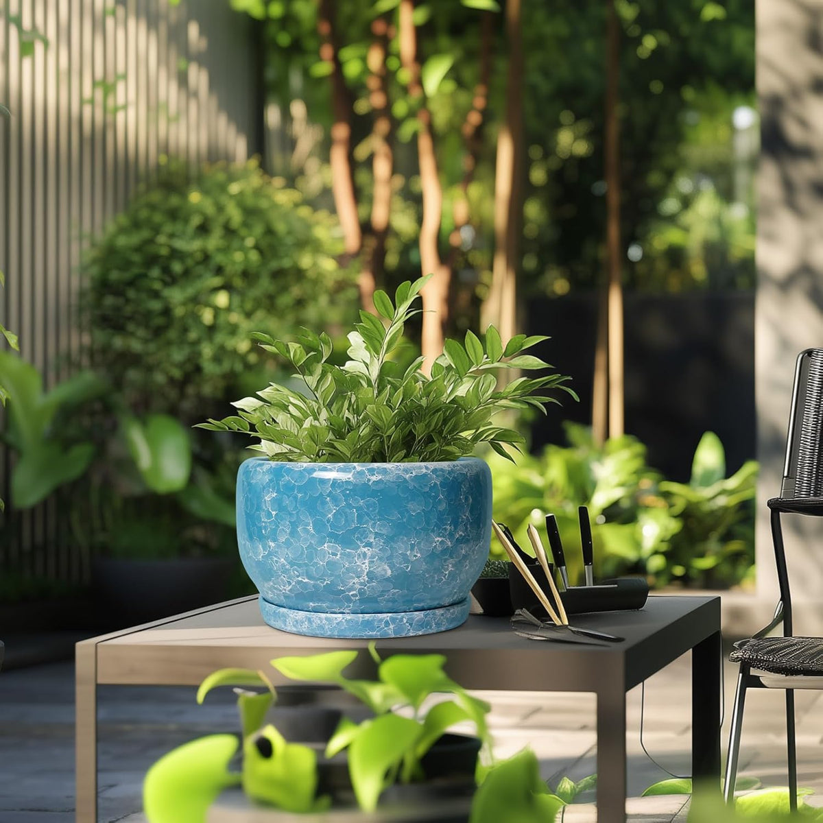 SQOWL Ceramic Planters - 10 Inch Plant Pot Indoor with Drainage Hole and Saucer, Decorative Flower