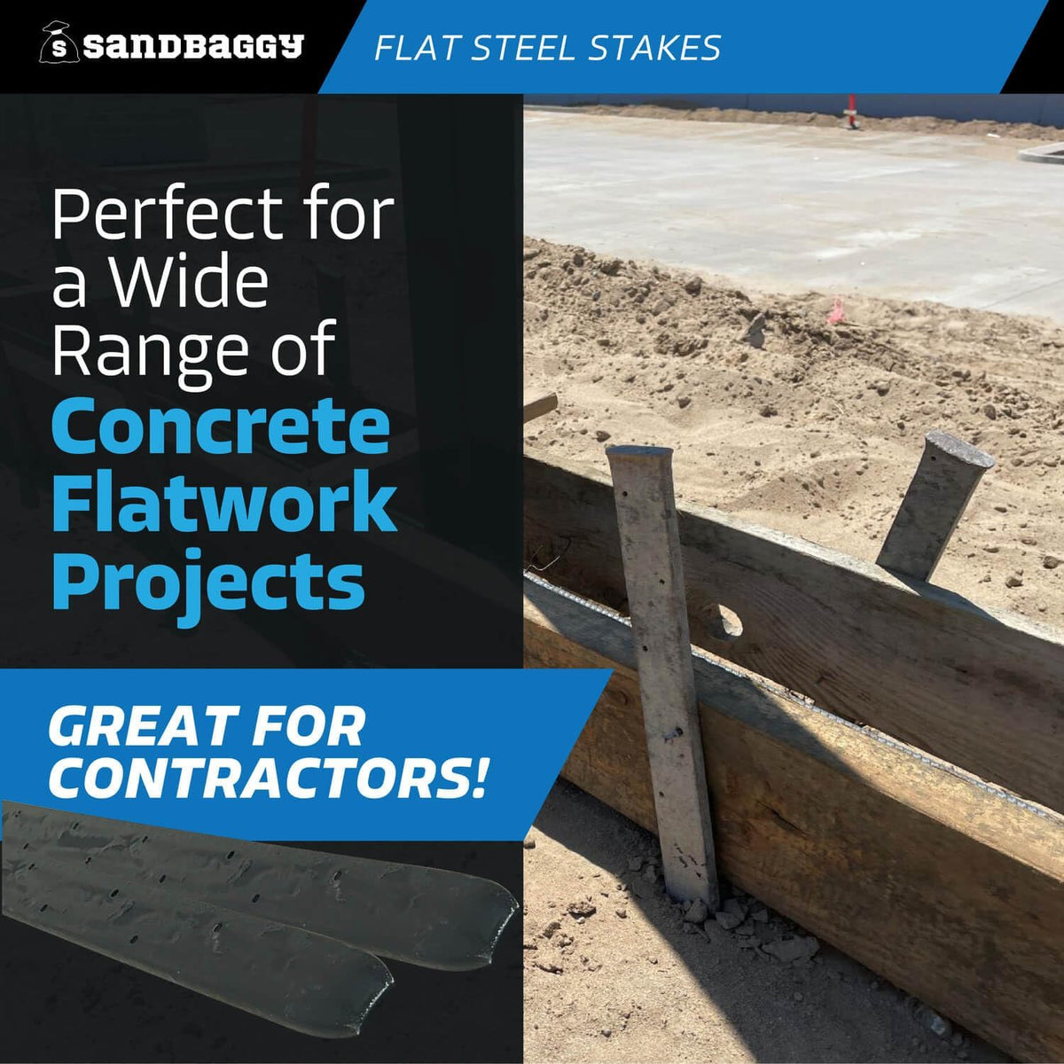 Sandbaggy Flat Steel Stakes for Concrete Forms with Nail Holes - 1.5" Wide - Painted - Removable