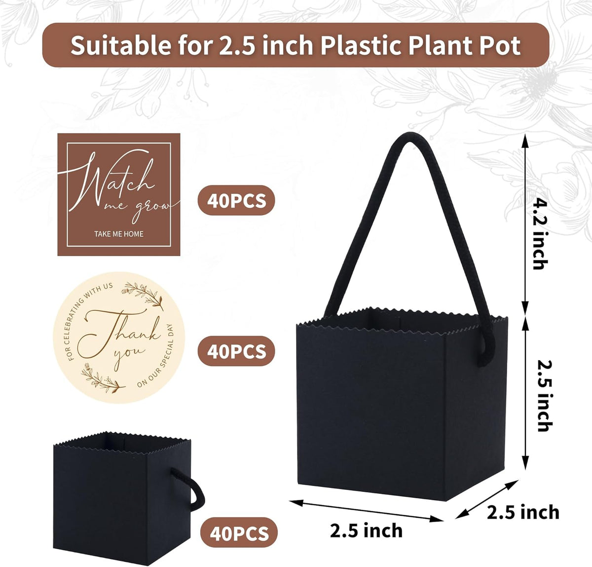 Temlum 2.5 Inch Succulent Wrap Bags (Fits 2.5″ Pots) with Thank You & Watch Me Grow Stickers, Small