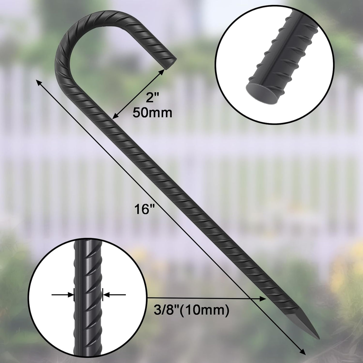 16 Inch Rebar Ground Stakes 24 Pack Heavy Duty J Hook Ground Anchors 3/8 Inch Diameter Steel Rebar