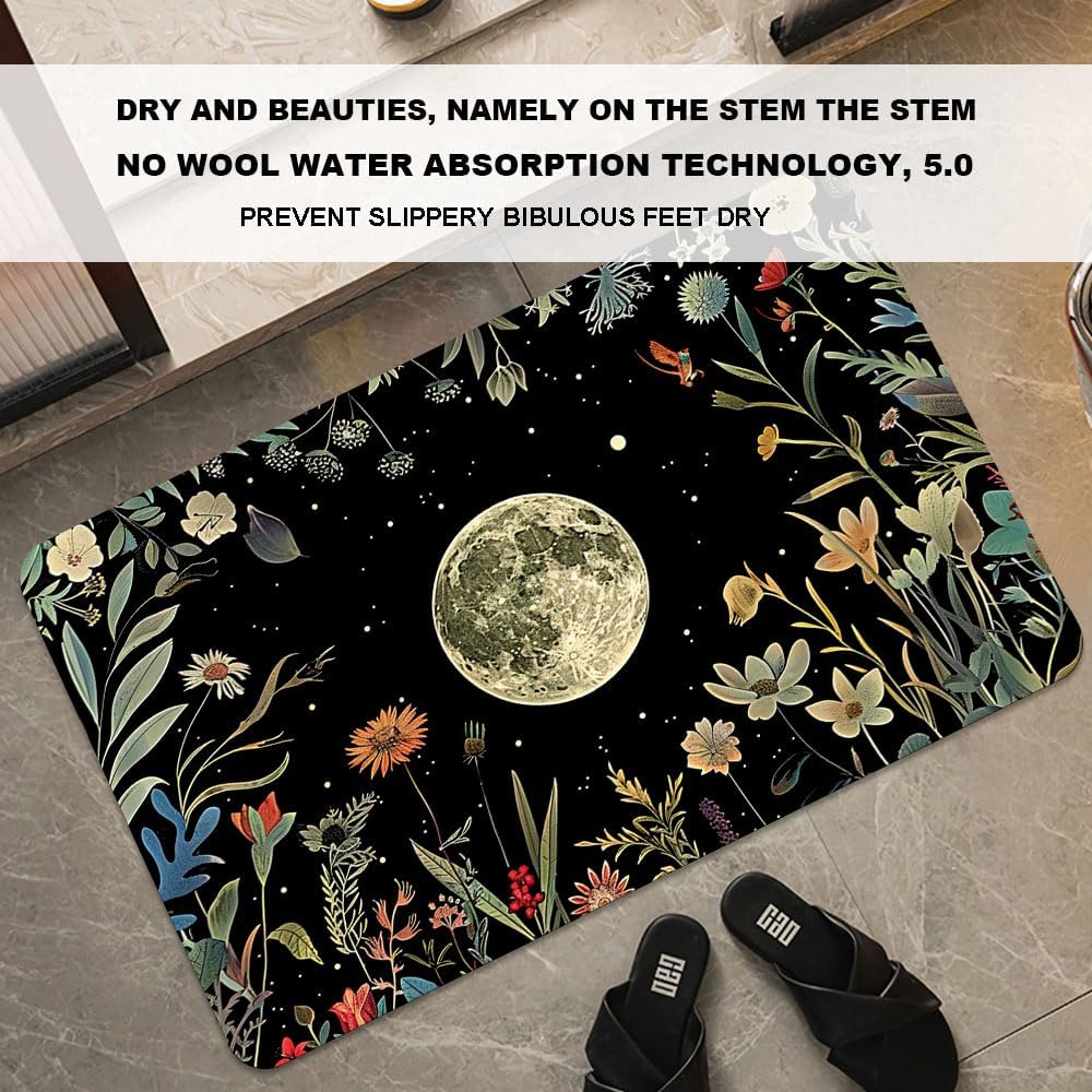 Bath Mat-Bathroom Rug，Moon Surrounded by Wildflowers-Absorbent Non Slip Quick Dry Stain Resistant