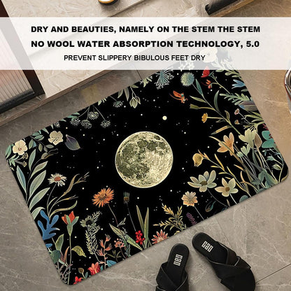 Bath Mat-Bathroom Rug，Moon Surrounded by Wildflowers-Absorbent Non Slip Quick Dry Stain Resistant