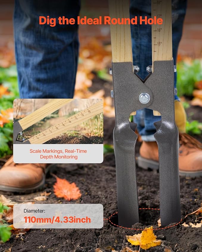 VEVOR Post Hole Digger, Heavy Duty Post Hole Digger with Wood Handle, Manual Hole Digger with Scale