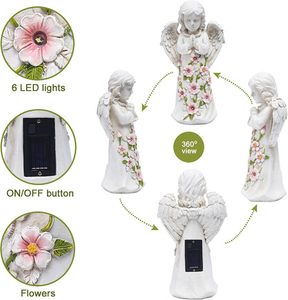 Nacome Garden Outdoor Statues Angel with Succulent and 7 LED Lights – Lawn Decor for Patio