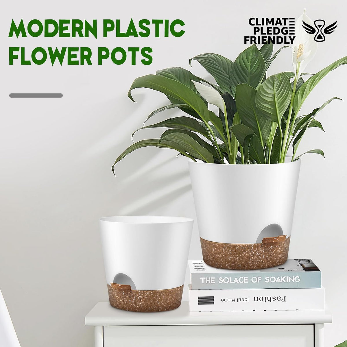 Indoor Outdoor Plant Pots- Self Watering Planters with Drainage Holes and Saucers, 9,8, 7.5 Inches