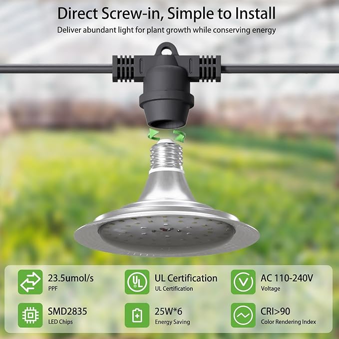 6-Light Outdoor LED Grow Lights – Waterproof Full Spectrum Greenhouse Lights for Plants, 21.3FT