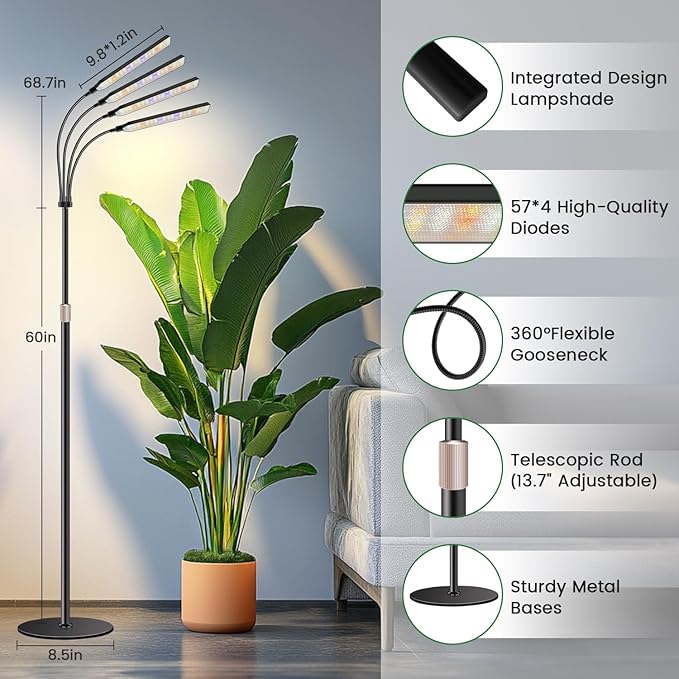 Grow Lights for Indoor Plants with Stand, 4-Heads Full Specturm Plant Grow Light with 4/8/12/16H