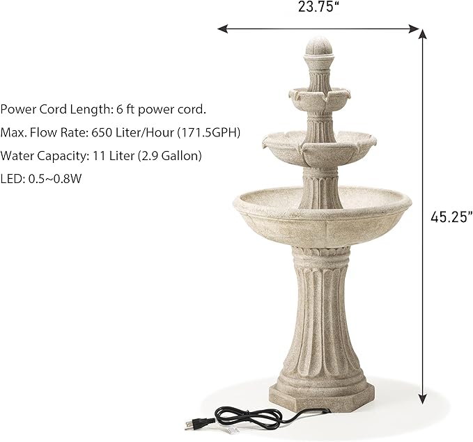 Glitzhome Water Fountain Outdoor Floor-Stand Fountains with LED Light & Pump, Oversized 3 Tier