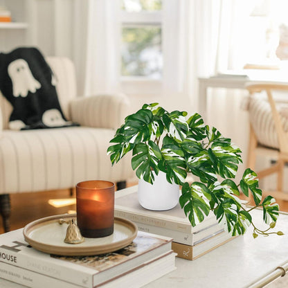 DILATATA Fake Plants Indoor 8 Inch Artificial Monstera Plant in White Ceramic Pot - Faux Potted