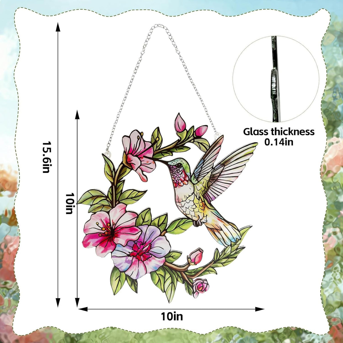Stained Glass Window Hanging Hummingbird and Flower Suncatcher, Marzovitra 10 Inch Colorful Window