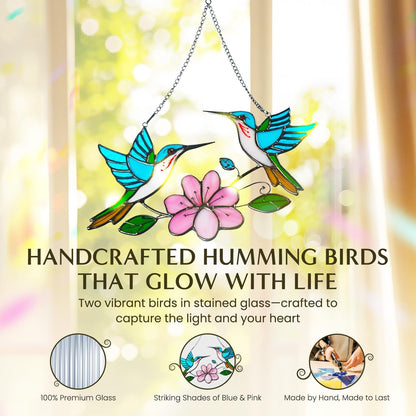 Stained Glass Window Hanging, Duo-Humming Bird Style, Colorful Sun Catcher Panel for Indoor/Outdoor