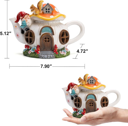 Mushroom Fairy House Garden Decor Solar Light – Outdoor Gnome Statue with Squirrel, Resin Teapot