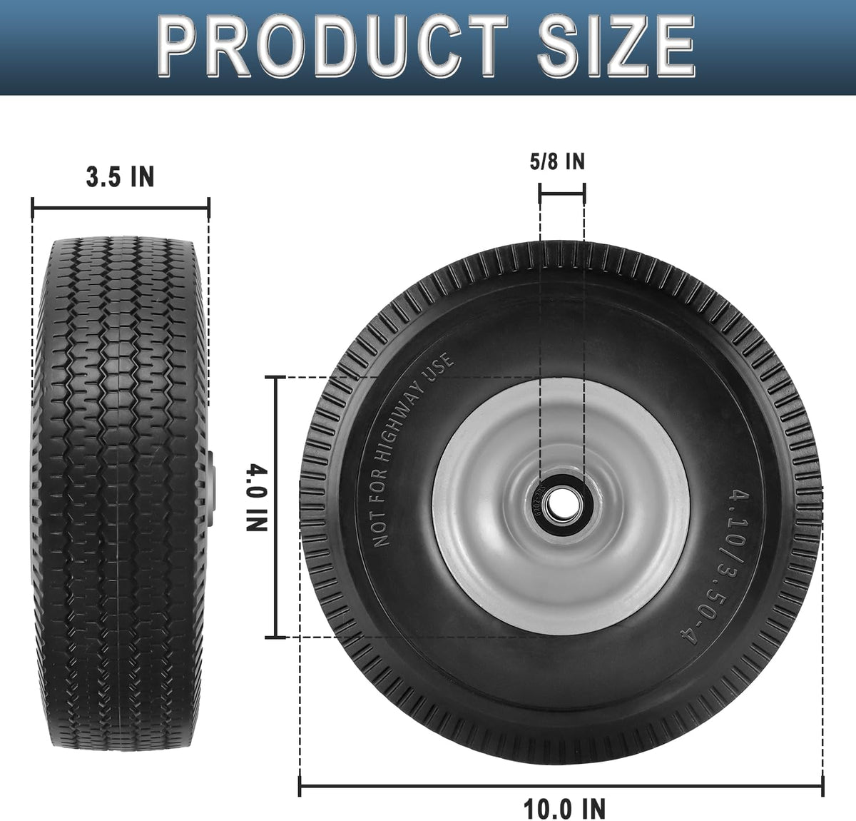 Cenipar 10" 4.10/3.50-4" Flat Free Tire and Wheel 10" Polyurethane Solid Tire with 5/8" Bearings