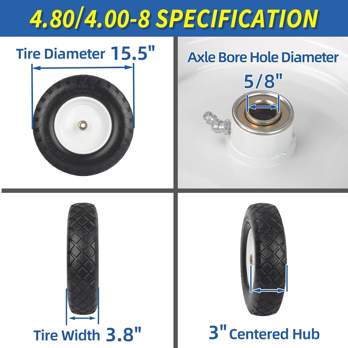 4.80/4.00-8" Wheelbarrow Tire, 16" Flat-Free Solid Tire and Wheel, 3-6" Centered Hub, 5/8" & 3/4"