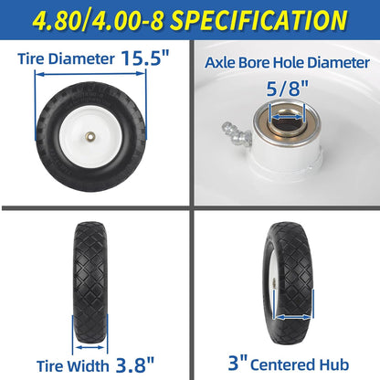 4.80/4.00-8" Wheelbarrow Tire, 16" Flat-Free Solid Tire and Wheel, 3-6" Centered Hub, 5/8" & 3/4"
