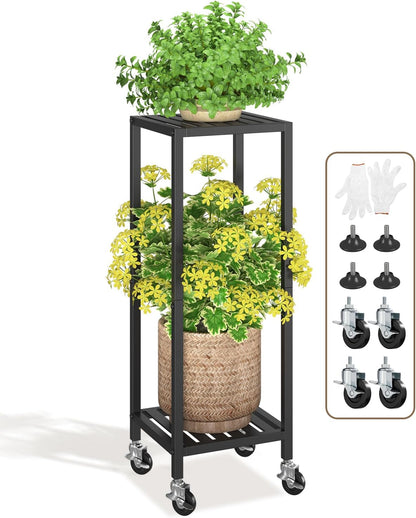 LASZOLA 2 Tier Black Metal Plant Stand Indoor Outdoor with Wheel for Large Planter, Modern Heavy