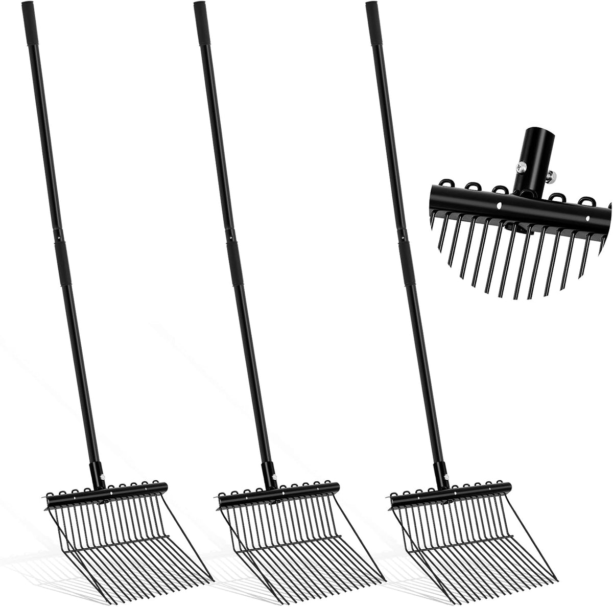 Lasnten 3 Sets Metal Manure Fork with Long Metal Handle Pitch Fork Manure Rake Black Heavy Duty