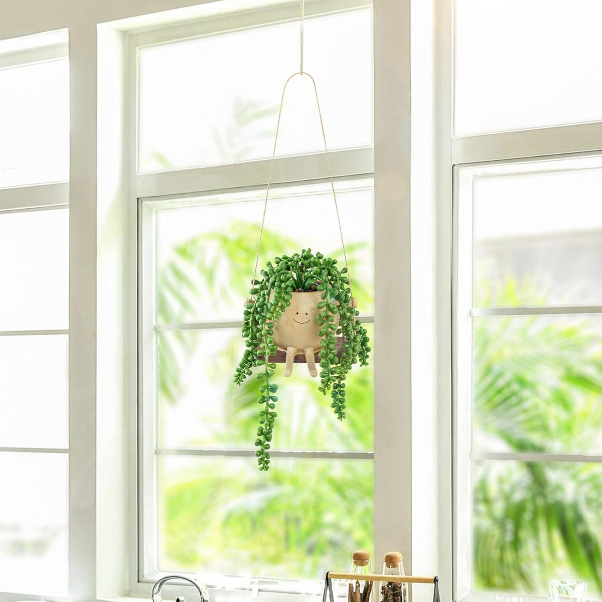 Artificial Succulents Hanging Plants Fake String of Pearls Trailing Plant in Cute Smiley Face Pot