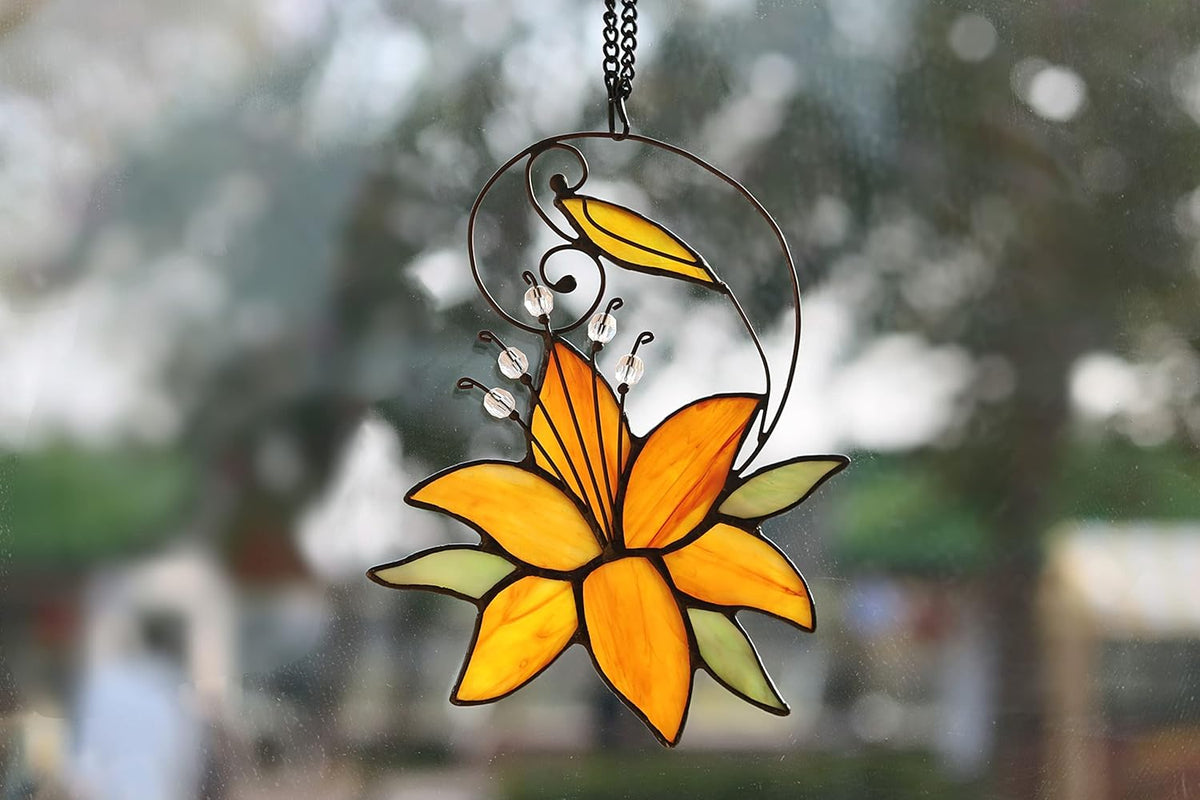 Orange Tiger Lily Flower Gift for Her Women, Love Gift Stained Glass Window Hanging Floral
