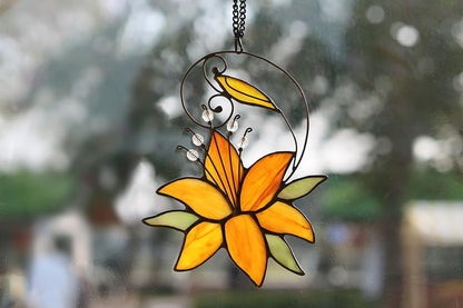 Orange Tiger Lily Flower Gift for Her Women, Love Gift Stained Glass Window Hanging Floral