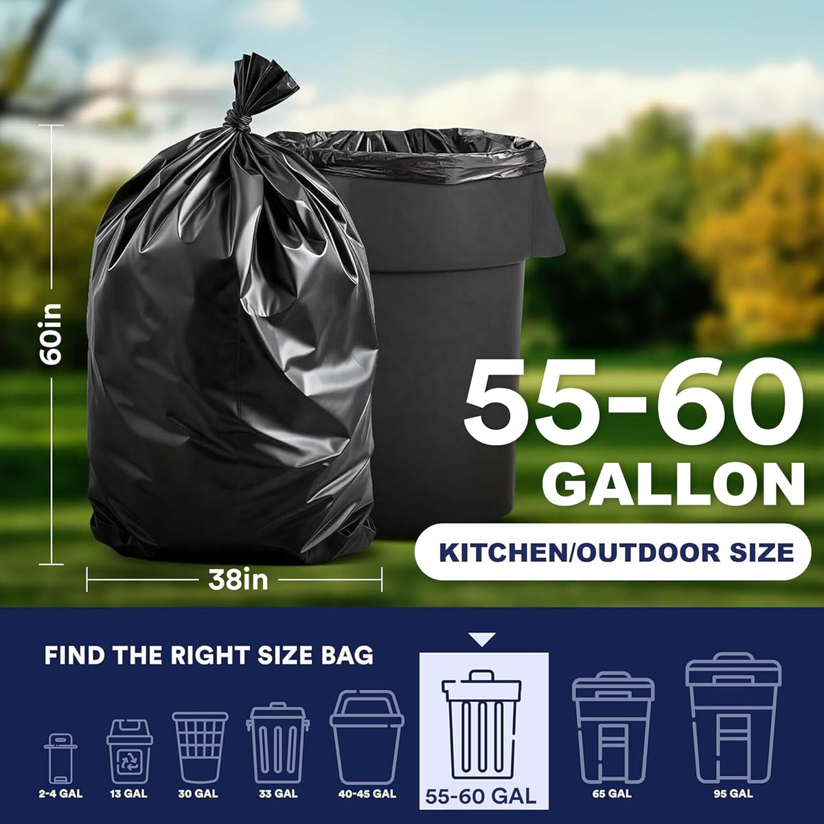 Plasticplace 55-60 Gallon Trash Bags, Heavy Duty Black Garbage Bags, 100 Count for Lawn, Yard, and