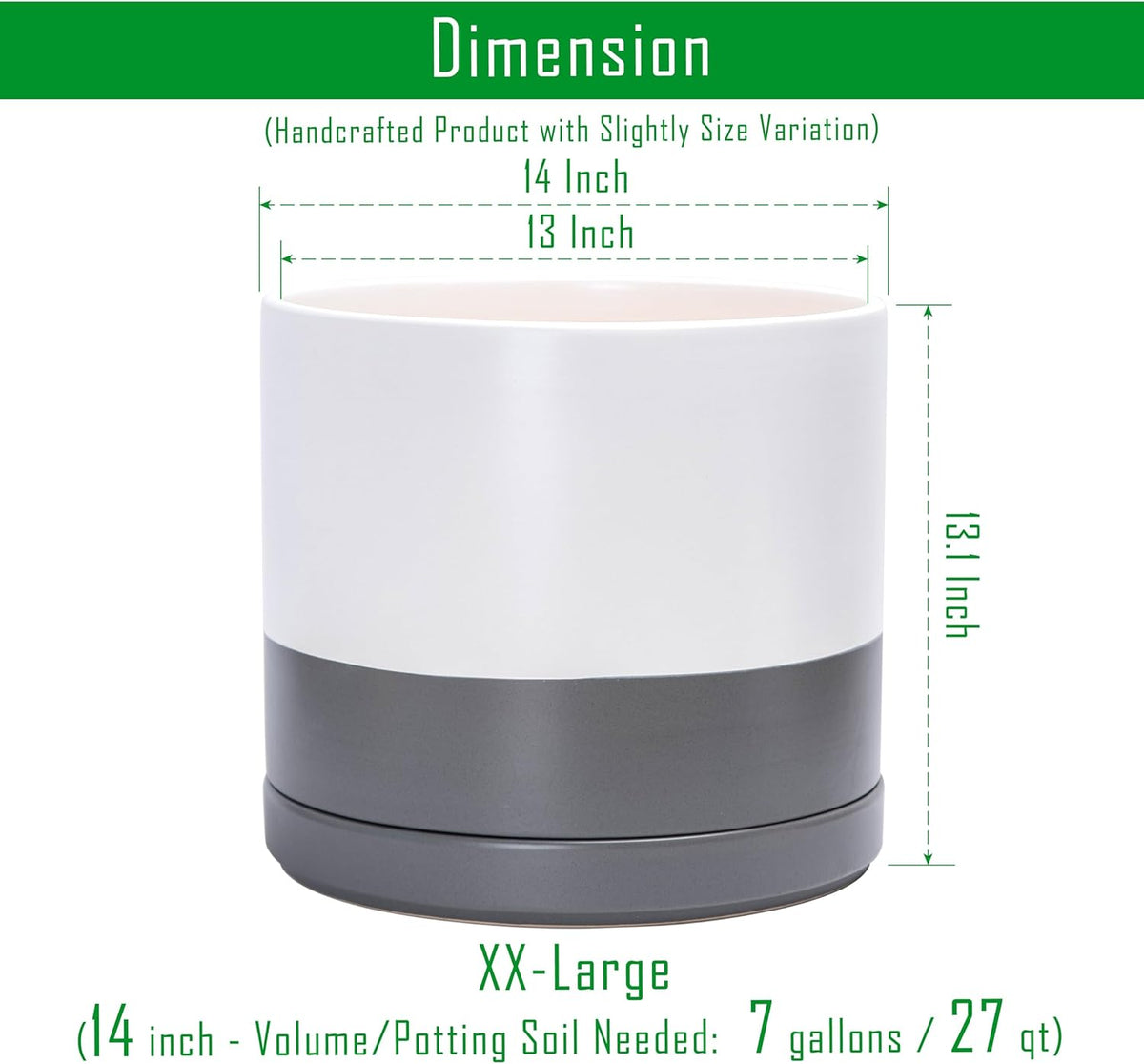 D'vine Dev 14 Inch Ceramic Planter Pot with Drainage Hole and Saucer, Indoor Cylinder Round Planter