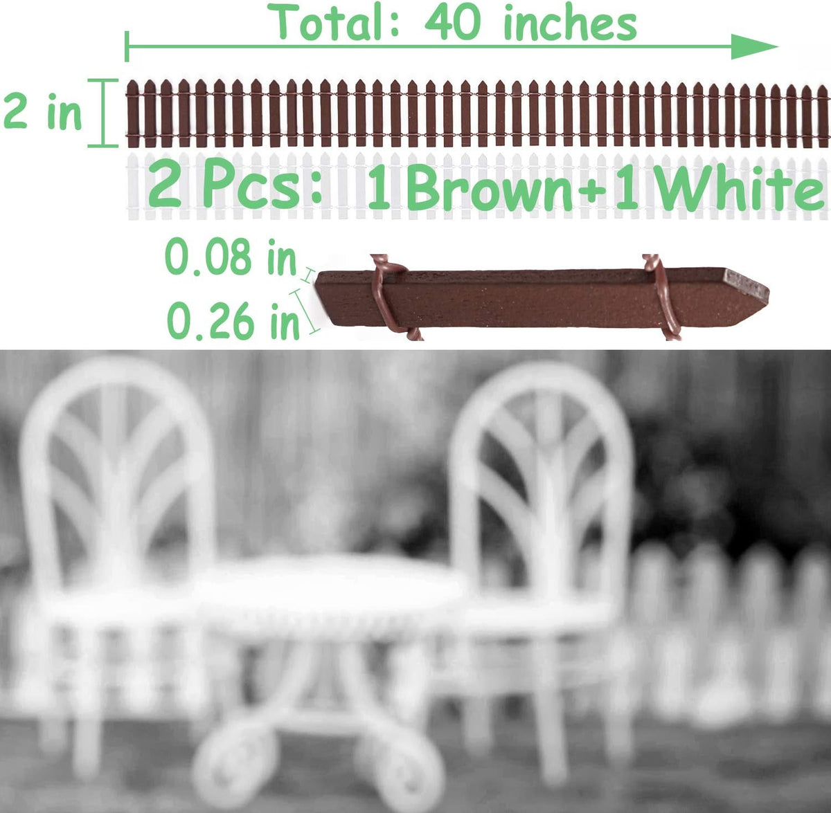 Miniature Wood Picket Fence - 2 Pcs DIY Brown and White Fence with Gate, 40 Inch Long for Fairy or
