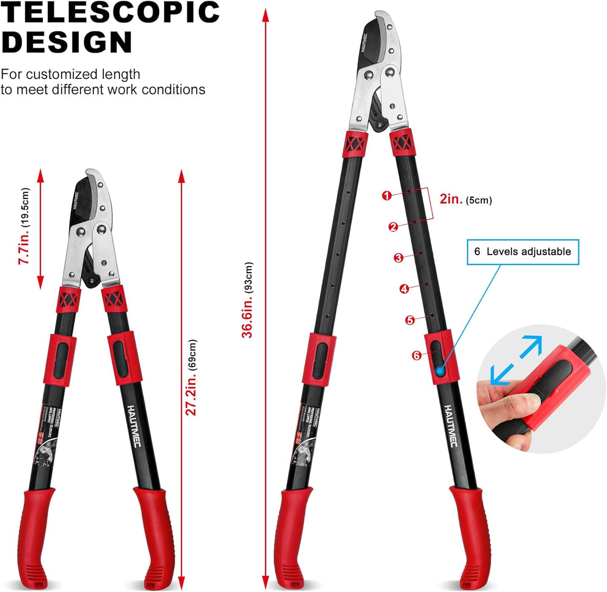 HAUTMEC Anvil Loppers for Tree Trimming Heavy Duty, Extendable 27-37'' Garden Bypass Loppers with