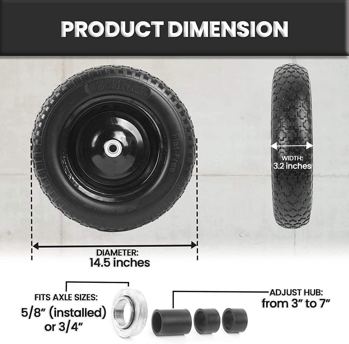 (2-PACK) 4.80/4.00-8" Flat Free Tire and Wheel - Universal Fit 14.5" Solid Wheelbarrow Tires with