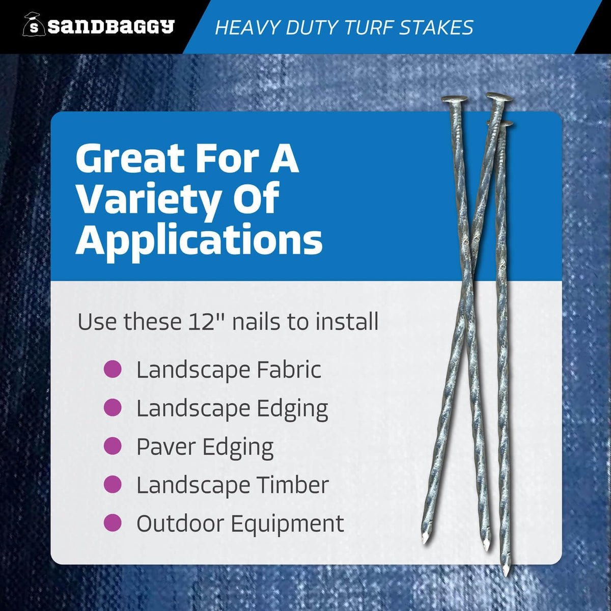 Sandbaggy 12" Heavy Duty Galvanized Artificial Turf Stakes - Spiral Landscape Nails - Ground