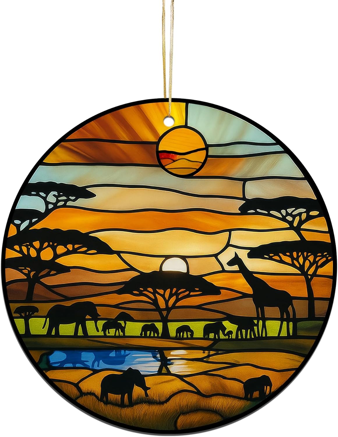 Acrylic Stained Glass Suncatcher Ornament – African Safari Sunset with Giraffes Elephants Trees – 4