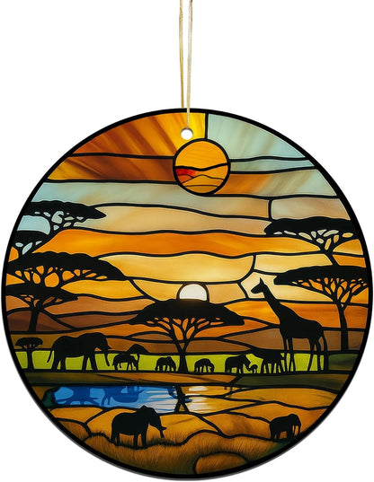 Acrylic Stained Glass Suncatcher Ornament – African Safari Sunset with Giraffes Elephants Trees – 4