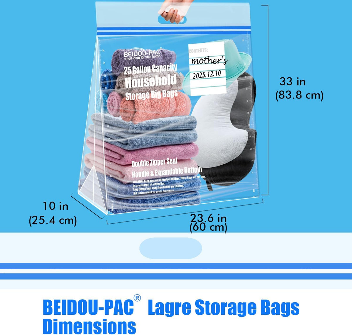25 Gallon Jumbo Storage Bags with Handle, 30 Counts | Double Zipper Seal | Expandable Bottom