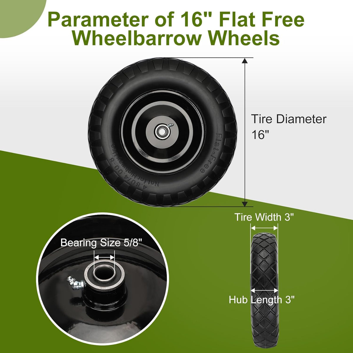 Upgraded 16" Flat Free Wheelbarrow Wheels and Tires, 4.80/4.00-8 Solid Tires with 5/8" & 3/4"