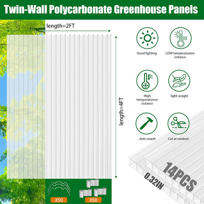 Polycarbonate Greenhouse Panels 14 Pack 4' x 2' x 0.32" Twin-Wall UV-Protected All Weather Plastic