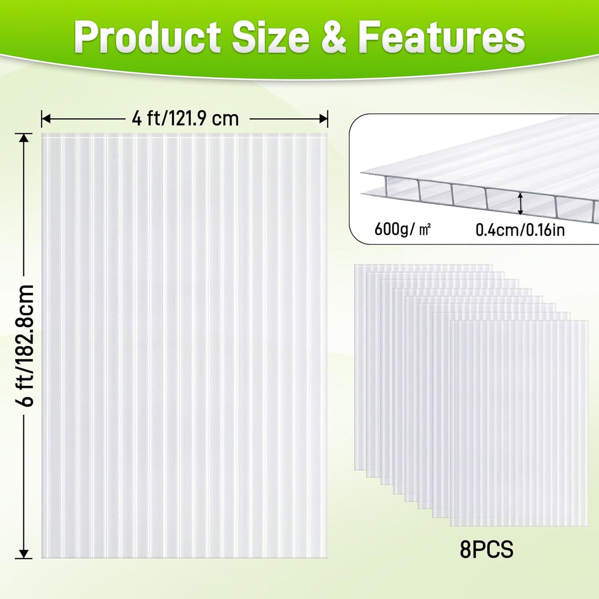 8PCS Polycarbonate Greenhouse Panels, 6' x 4' x 0.16'' Twin-Wall Panels Polycarbonate Sheet, Clear