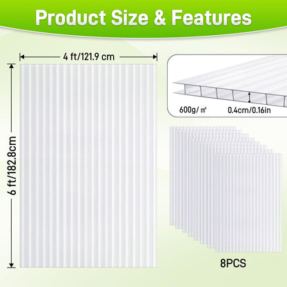 8PCS Polycarbonate Greenhouse Panels, 6' x 4' x 0.16'' Twin-Wall Panels Polycarbonate Sheet, Clear