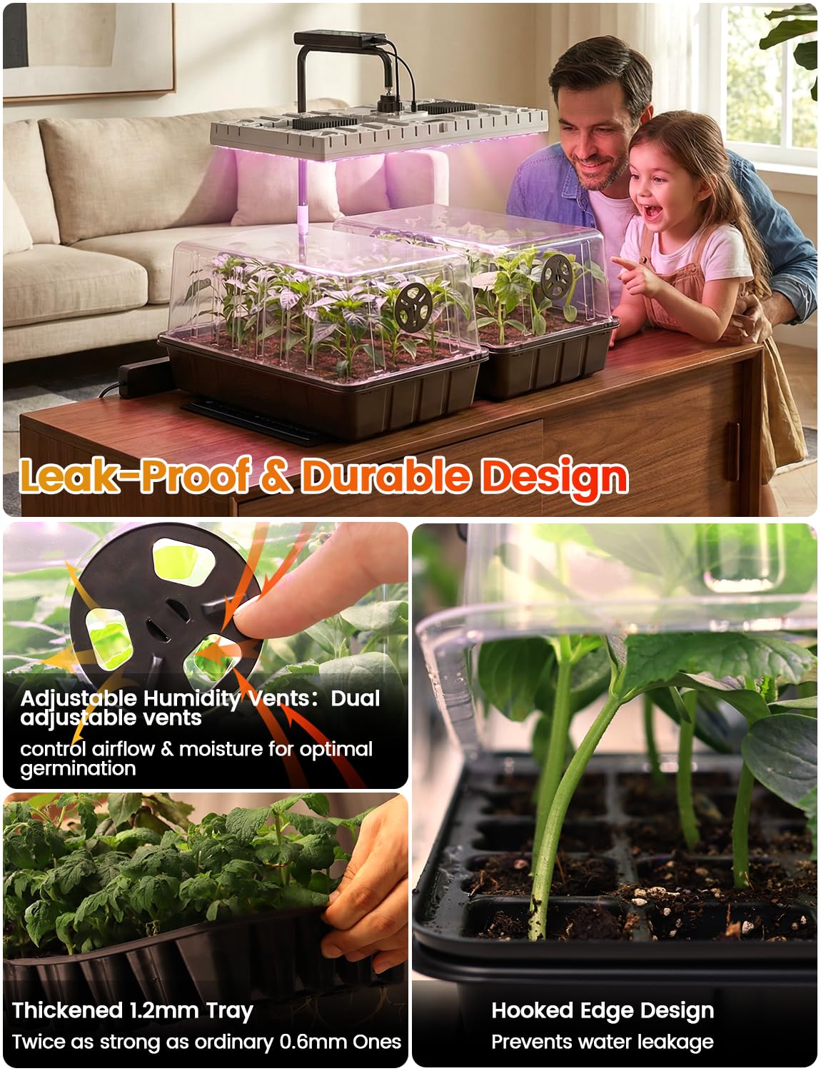 MetryGrow 48W Full Spectrum LED Grow Light Seed Starter Kit, 80-Cell Tray with 30W Heating Mat &