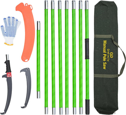 27FT Manual Pole Saw, Tree Branch Trimmer with 8-Section Fiberglass Handle, Sharp Steel Blade