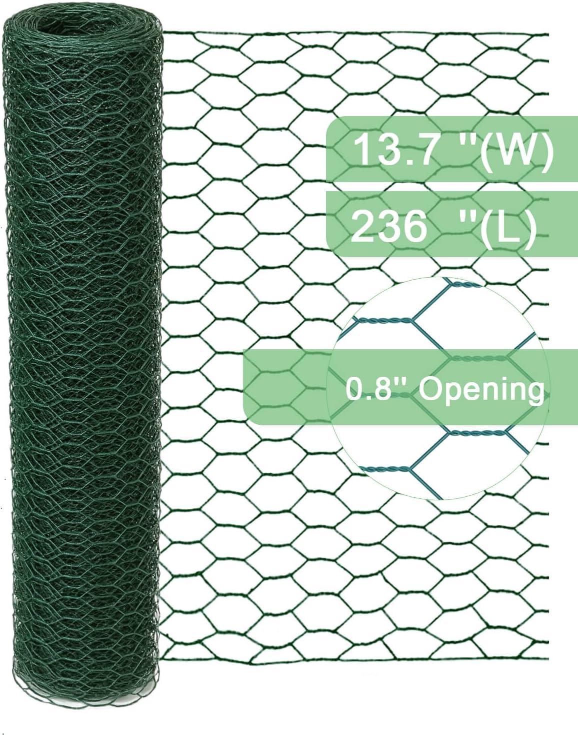 vensovo Green Chicken Wire for Crafts – 13.7"×236" PVC Coated Hexagonal Mesh Roll, cuttable and