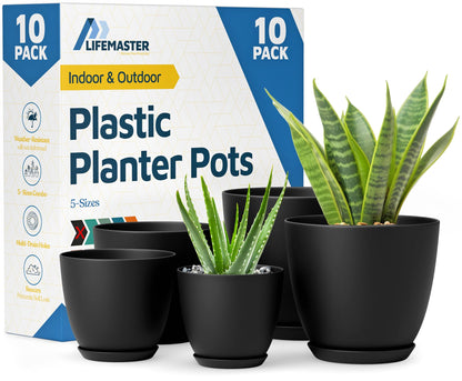 Lifemaster Plant Pots with Multi Drainage Holes - 10 Pieces Versatile, Sturdy Plastic, Stackable