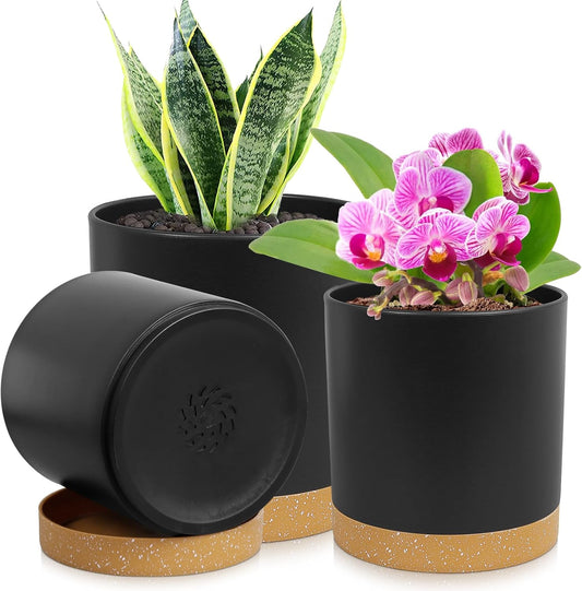 3 Pack 6/5/4 inch Cylindrical Flower Pots, Modern Small Round Plastic Plant Pots with Drainage