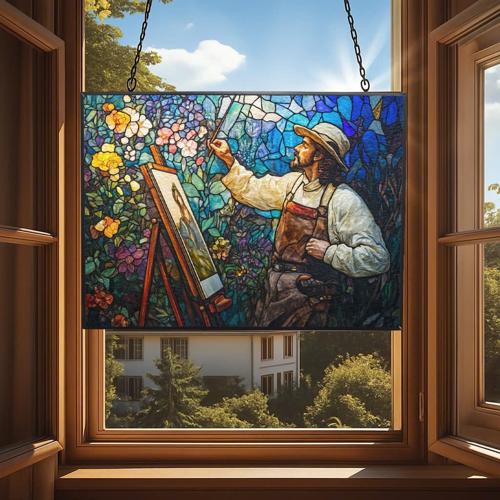 Customized Rectangle Art Nouveau Blooming Painter Stained Glass Window Hangings, Handcrafted
