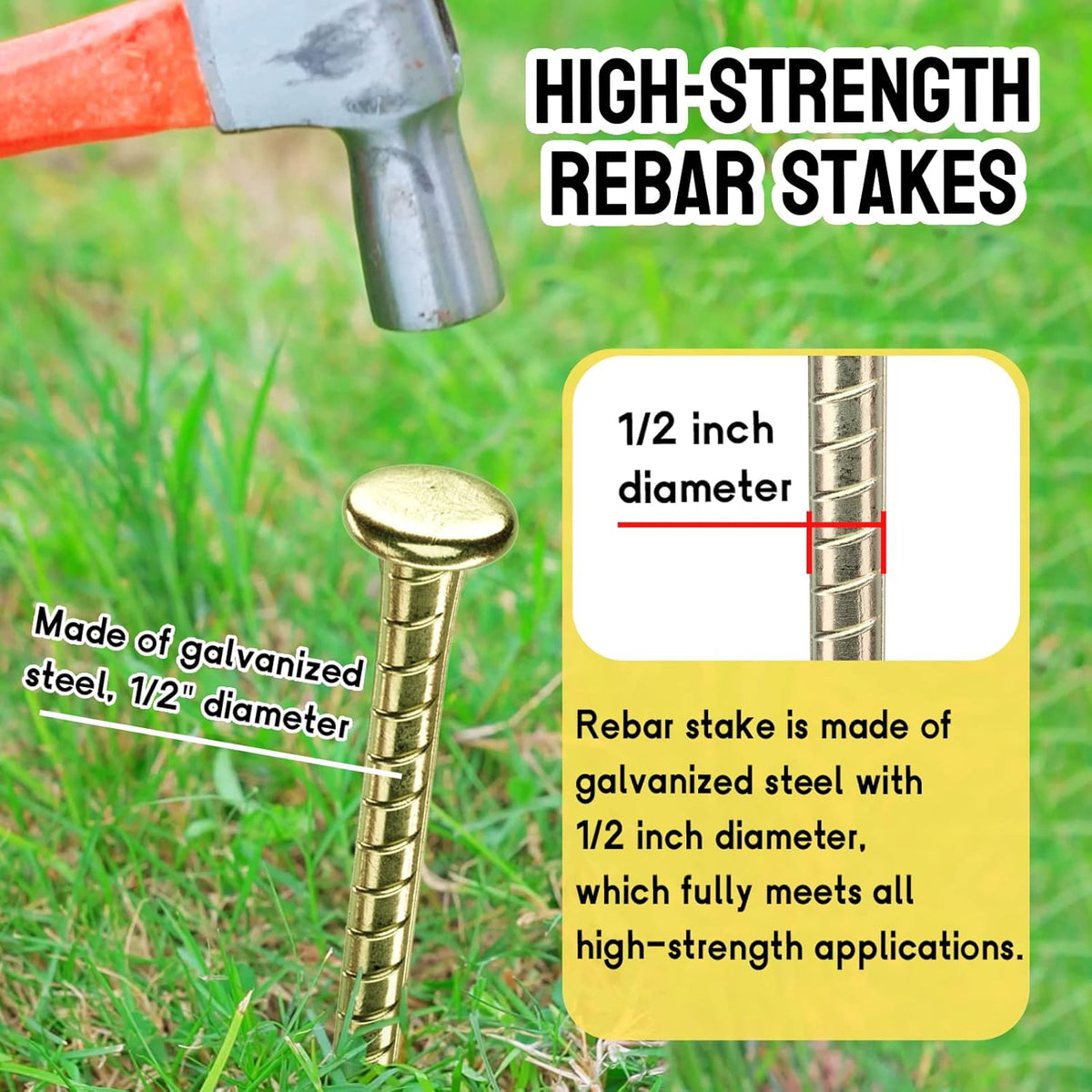 16 Inch Rebar Stakes - 1/2 Inch Diameter Galvanized Steel Ground Anchors - Heavy Duty Plant Support