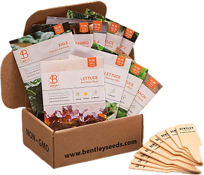 Seed Starter Kit – Salad Greens | Non-GMO | Heirloom Seed Packets | Natural Wood Row Markers | Over