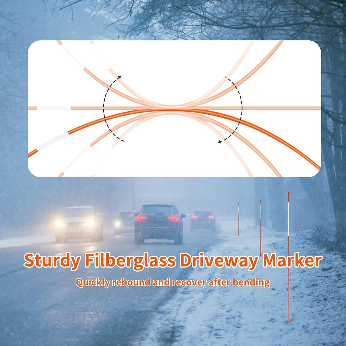 Growsun Driveway Marker 48 inch Orange Fiberglass 5/16 inch Dia Snow Fence Reflective Plow Stakes