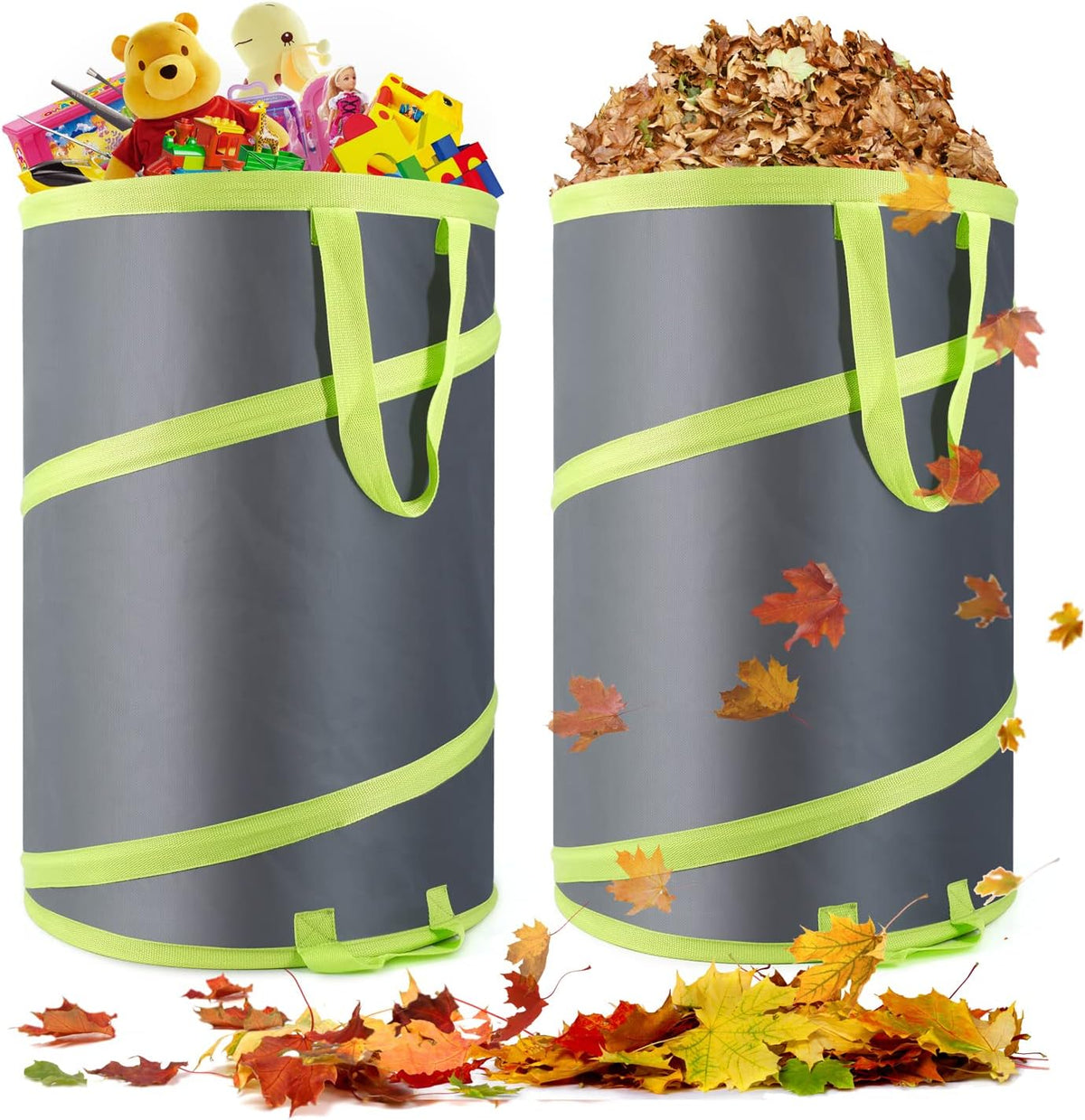 Resuable Leaf Bag 2 Pack, Collapsible Trash Can for Camping, Garden Waste Bag Pop Up, 120L Large